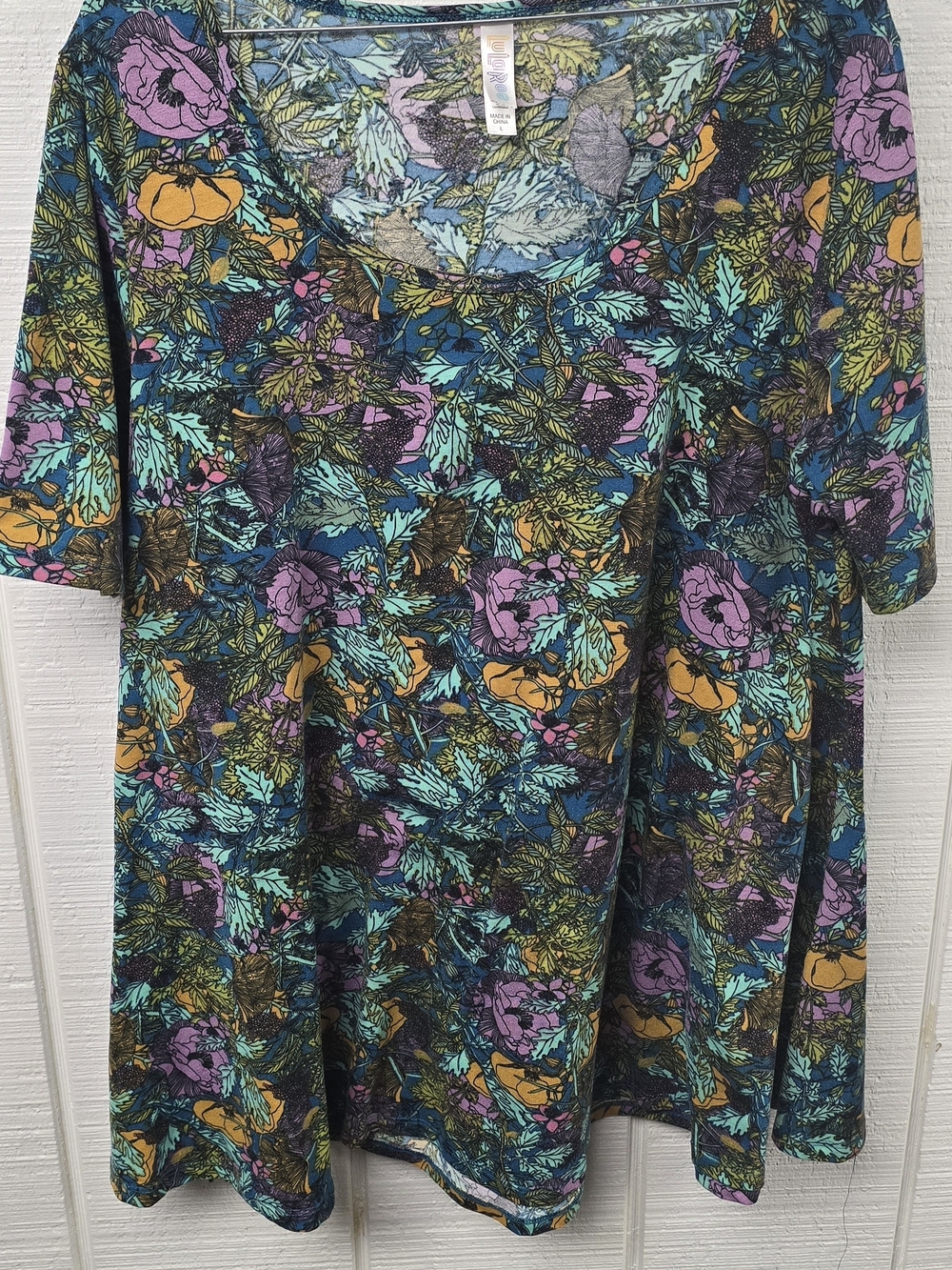 LuLaRoe Floral Scoop Neck Tunic Top Tee Teal Purple Large - Picture 2 of 8
